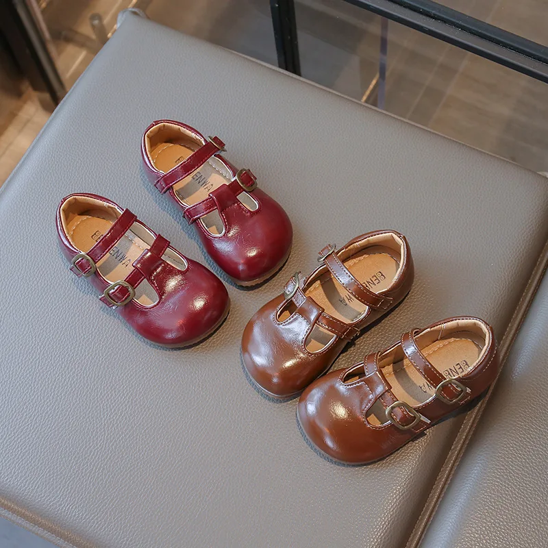 

2026 New Retro Children PU Leather Shoes Spring Autumn Girls Loafer Shoes Shallow Mouth Soft Sole Princess Baby Flats