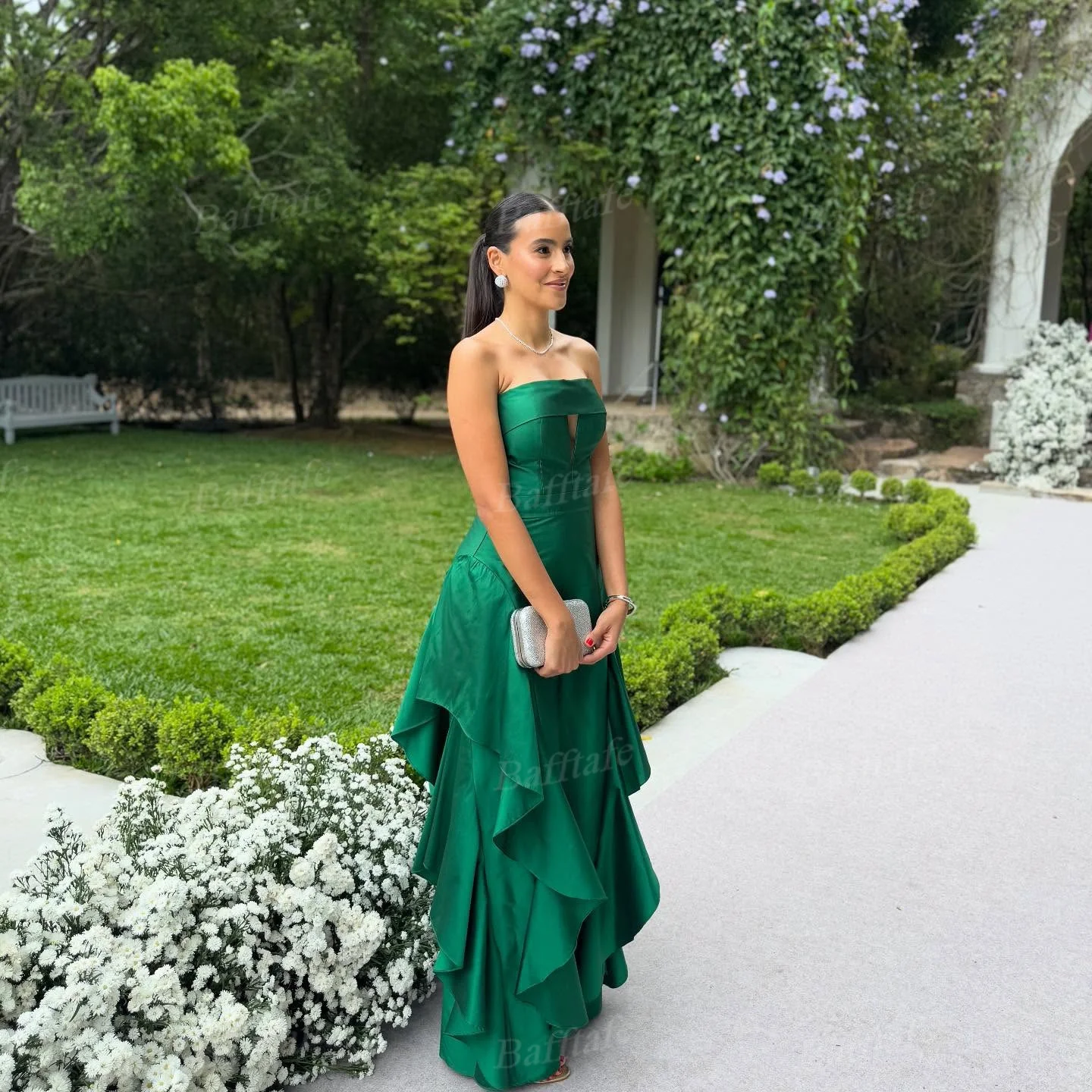 Bafftafe Groene Zijde Satijn Avondjurken Aangepaste Ruches Dames Galajurken Arabische Formele Feest Speciale Celebrity Jurk