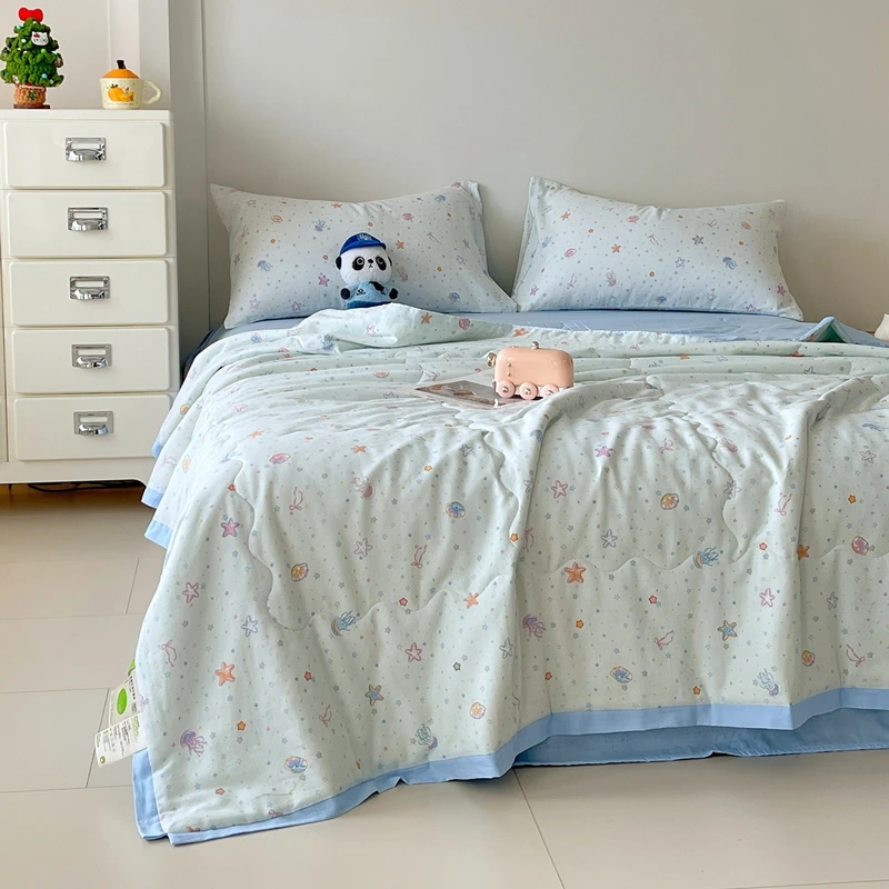 100%Cotton Summer Quilt Cartoon Printed Quilted Bedspread for Beds Single/Queen Double-layer Gauze Air Conditioning Blanket