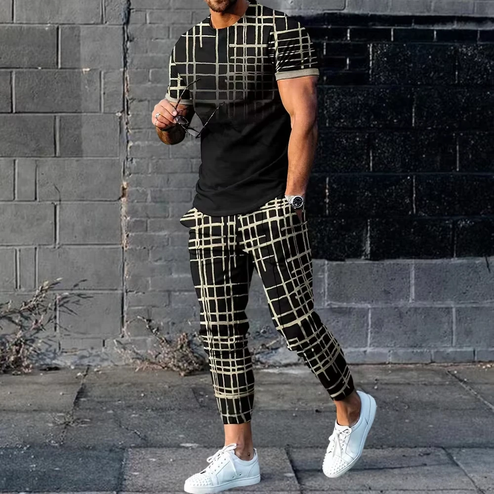 

Men Vintage Printed T Shirt Pants Tracksuits Male Casual T Shirt Trousers Sets Business Fashion T Shirt+Long Pant 2-Piece Set