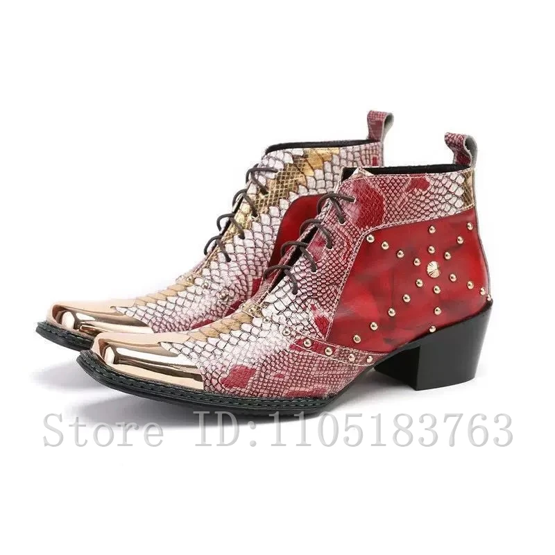 Luxury Gold Studs Decor Men Punk Rock Ankle Boots Red Snake Skin Pattern Lace Up Short Booties Western Cowboy Style Footwear