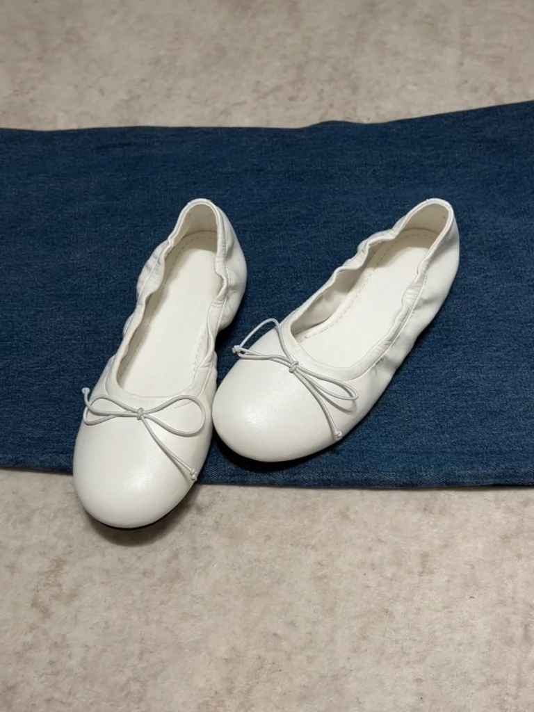 comfortable-soft-leather-bottom-ballet-flat-shoes-women's-single-shoes-knot-slip-on-grandmother-egg-roll-shoes