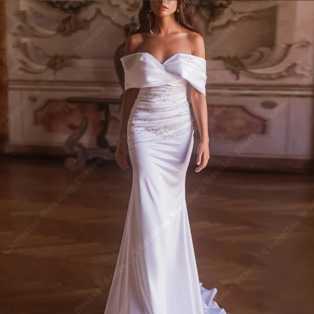 

2025 Sexy Satin Women Wedding Dresses Fascinating Off Shoulder Mermaid Bridal Gowns Mopping Length Vestidos De Novia Customized