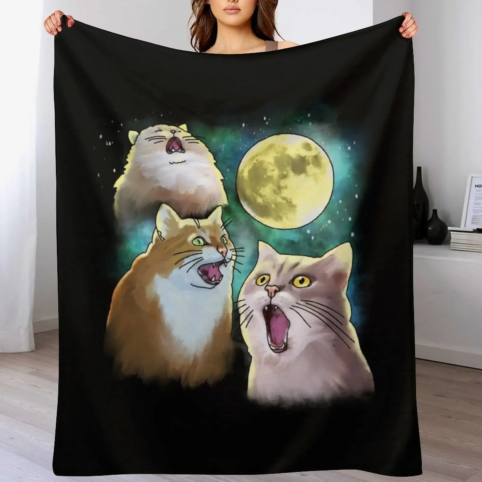 Three Cat Moon 3 Wolf Moon Funny Parody Throw Blanket Color Fast Cozy Throw Blanket