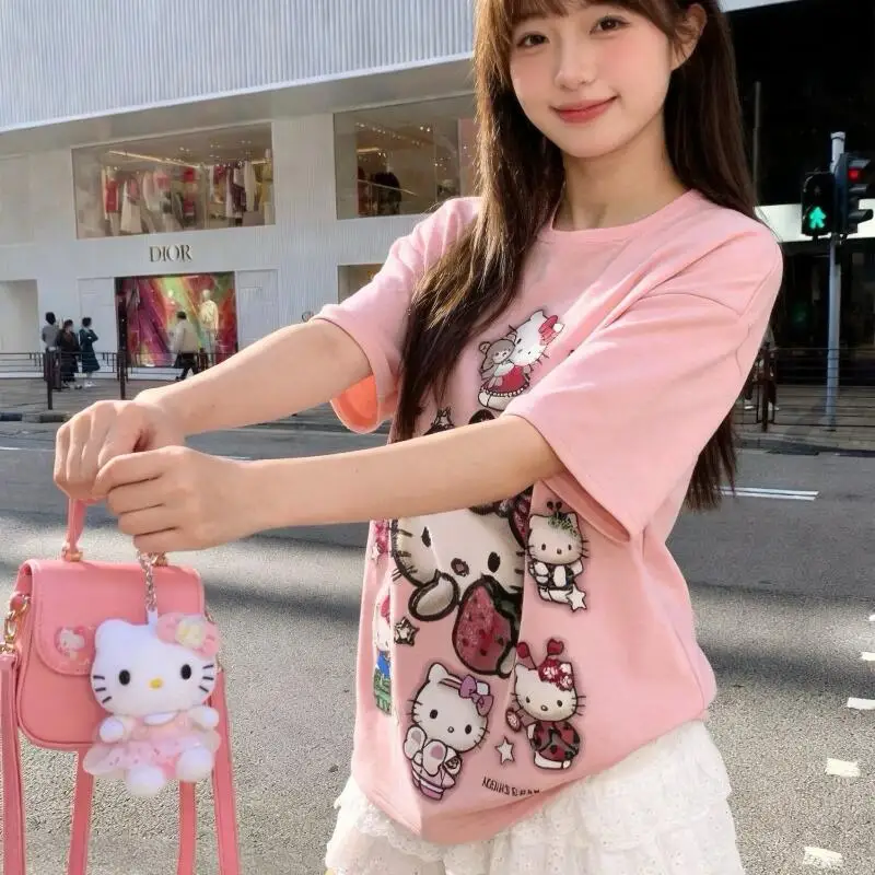 Short Sleeved T-Shirt Hello Kitty Sequin Embroidered Women's Sanrio Off Shoulder Sleeves Versatile Age Reducing Street Fashion