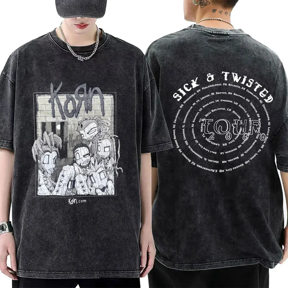 Customization Shirt Washed Vintage Rock Band Korn Sick & Twisted Tour 2000 Tshirts Male Alternative Nu Metal Music T-shirt Men's