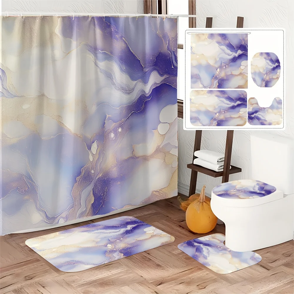 

4-piece abstract fluid art pattern bathroom set, including shower curtain, bathroom mat, U-shaped mat, and toilet mat.