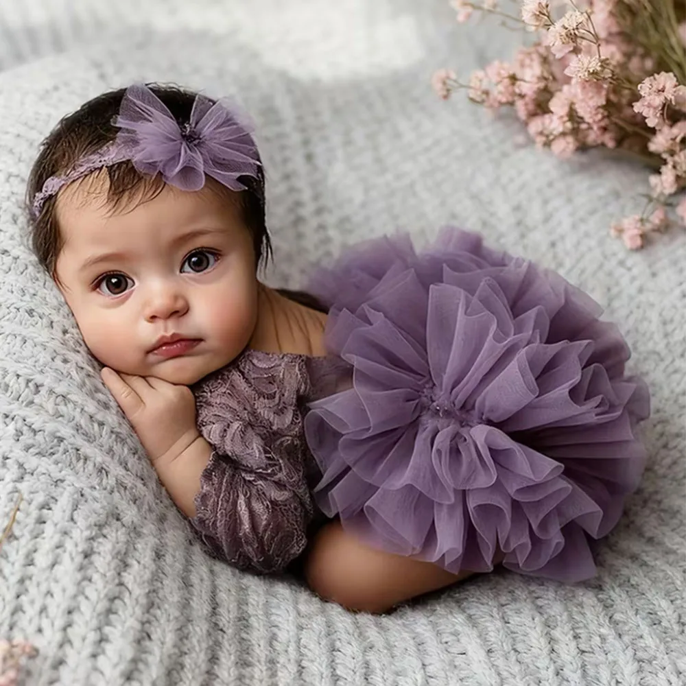 

Костюмы принцессы из 2 предметов, наряды для фотосъемки новорожденных, подарочный набор сувениров для новорожденных, милая однотонная кружевная цельная юбка из плоской сетки