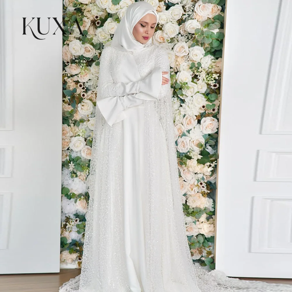 KUXA Customized Shining Elegant Muslim Wedding Dresses Floor-Length Full Sleeves Saudi Kuwait Formal Bridal Gowns For Women 2026