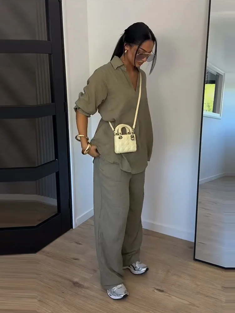 Fashion Solid Long Pants Set Women Chic Lapel Single Breasted Shirt High Waist Wide Leg Trousers 2026 Spring Summer 2 Pcs Outfit - Image 3