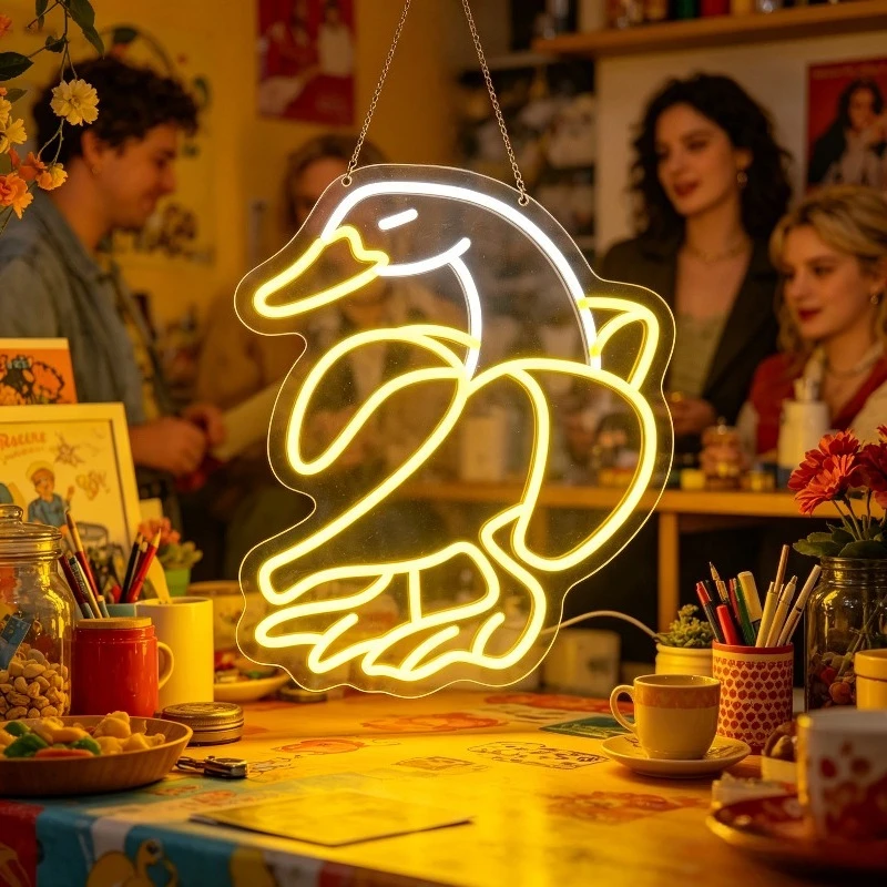 Yellow Dancing Duck Neon Sign LED Wall Art Home Decor Cafe Shop Window Decoration Funny Animal Party Gift USB Powered