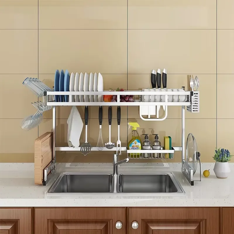 33.46 Black Silver Stainless Steel Kitchen 2 Layer Drying Storage Rack in Drying Sink Rack