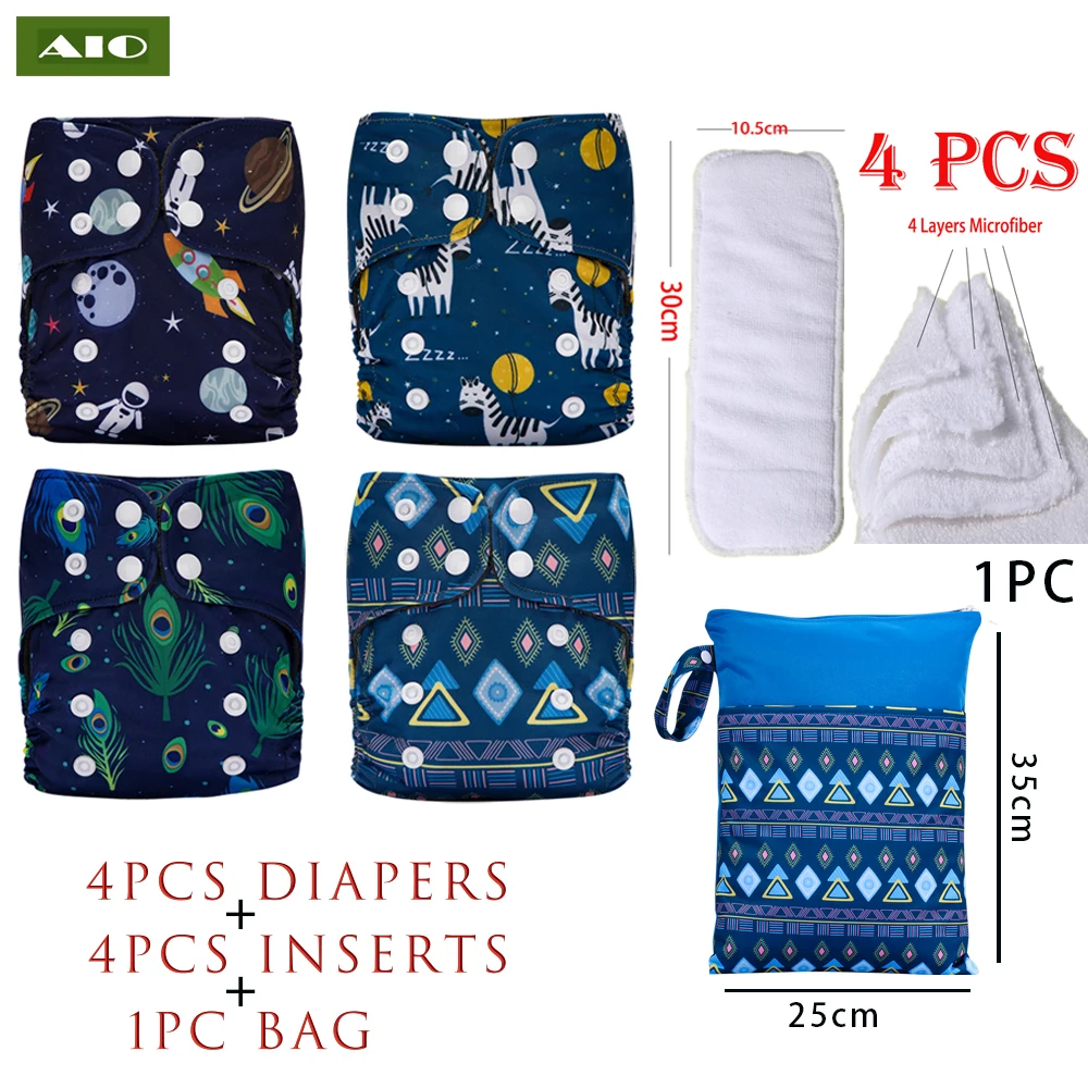 

AIO 9Pcs Washable Baby Cloth Diapers Adjustable Infant Pocket Diaper Eco Nappy Reusable 4 Cloth Diapers+4 Inserts +1 Diaper Bag