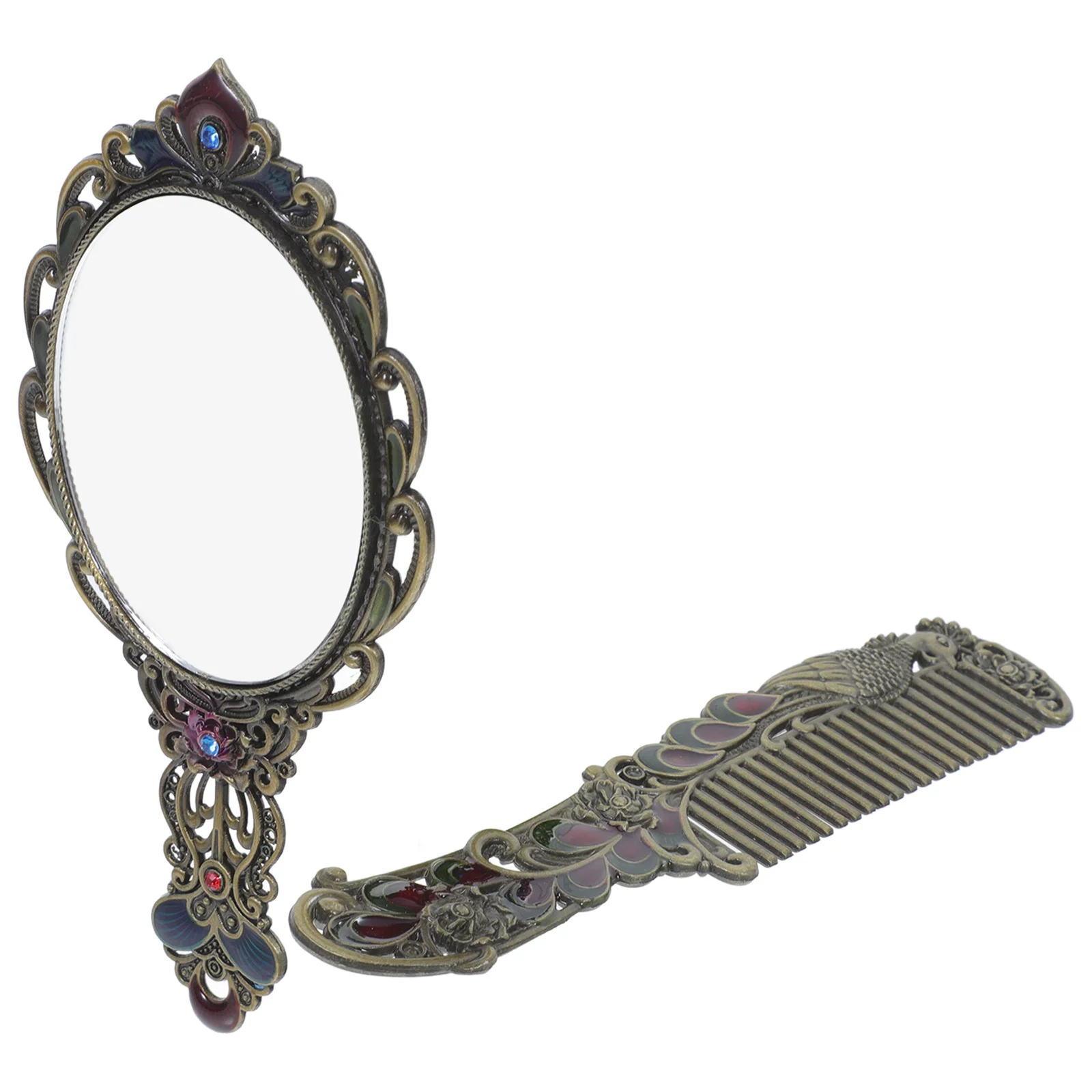 1세트 빈티지 공작새 메이크업 거울 유리 금속 휴대용 콤팩트 장식용 여행용 거울 여성용 선물