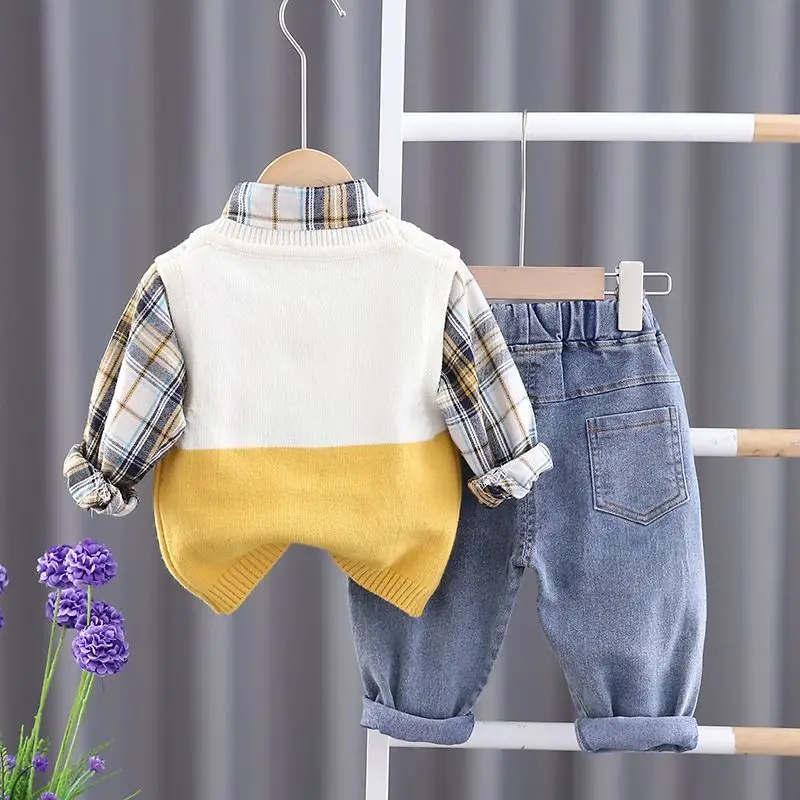 Spring and Autumn Baby Boys Clothing Set New Children\'s Sweater Vest Shirt Pants 3-piece Set Kids Outfits 6M 2T 3T 4T 5T