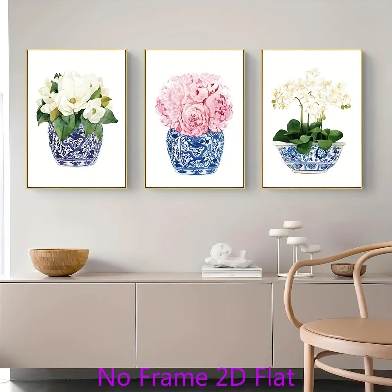 （NoFrame 3PCS)-2D Flat, 3pcs, 2D Flat, Frameless, Orchid And Magnolia Watercolor Chinoiserie Decor Canvas Print Oriental Vase