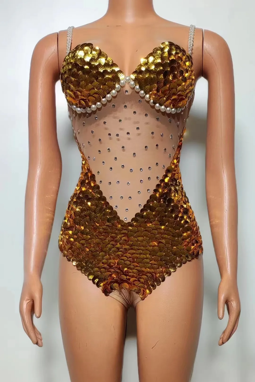 

8 Colors Rhinestones Bodysuit Sexy Mesh Sequins Rompers Women Singer Celebrate Gogo Dancer Costume Stage Festival Outfit XS7674