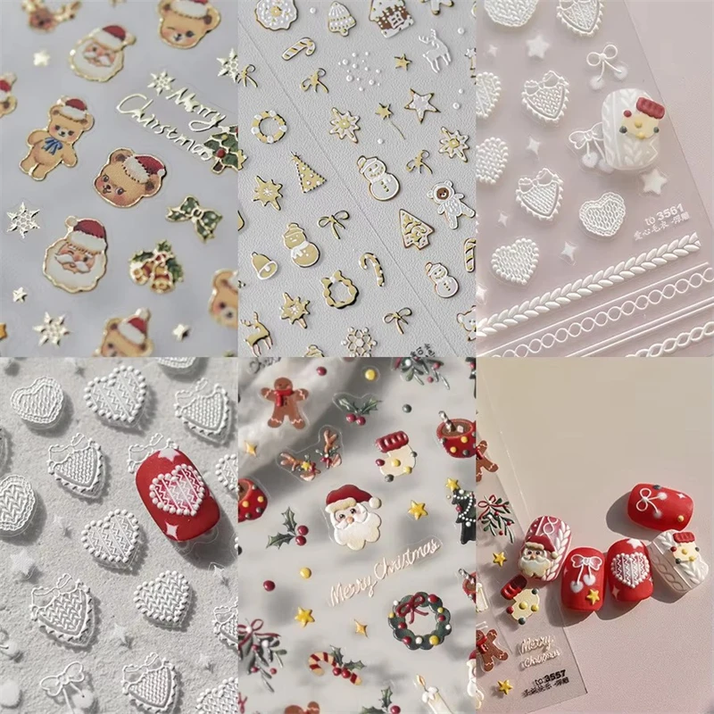 1pcs 5D Relief Nail Stickers Japanese Gold Border Teddy Bear Christmas Tree Santa Claus Self Adhesive Stickers Nail Art Decorati