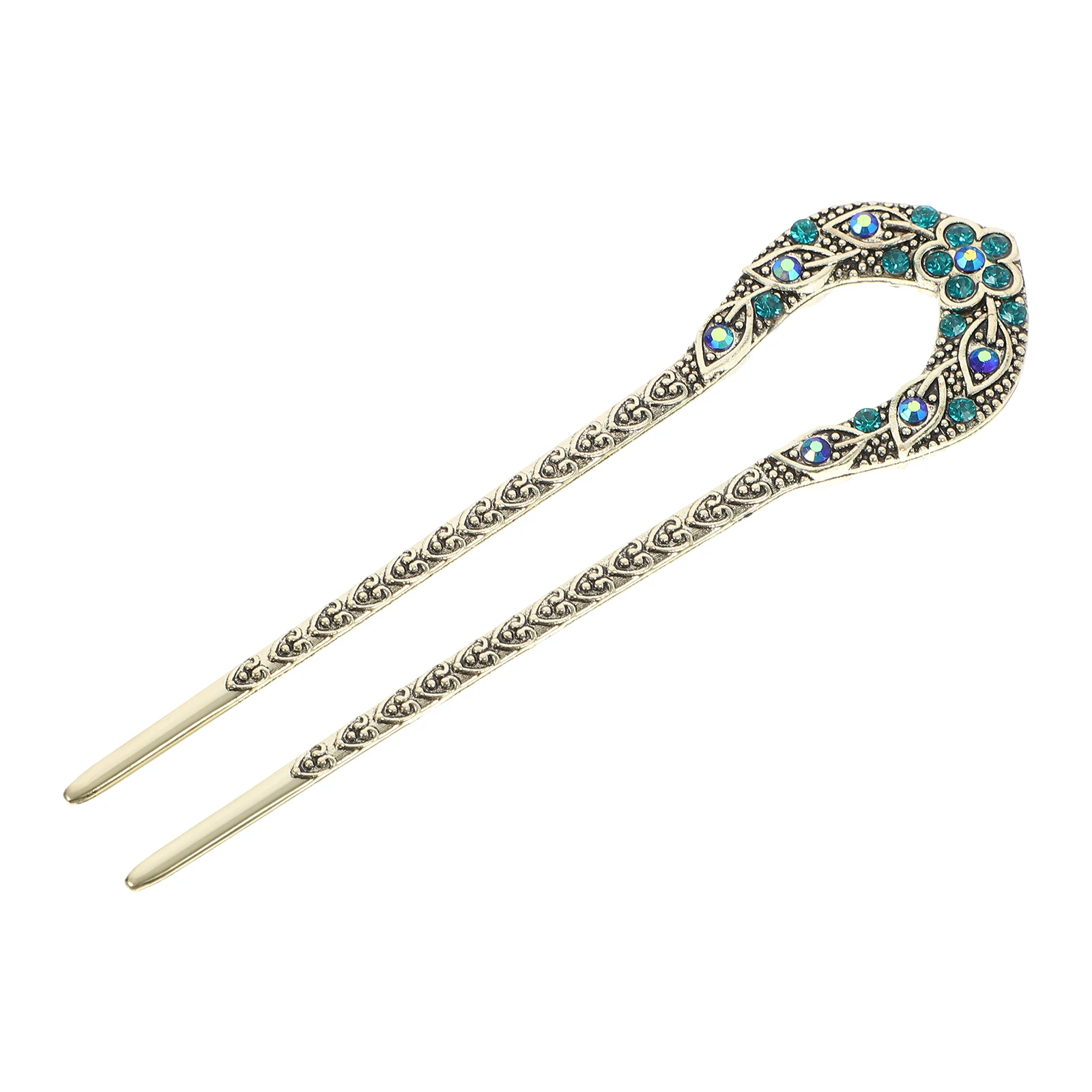 

Gorgeous Alloy Double Prong Hairpin U Shaped Crystal Chignon Stick Elegant Hairstyle Accessory For Special Occasions Blue