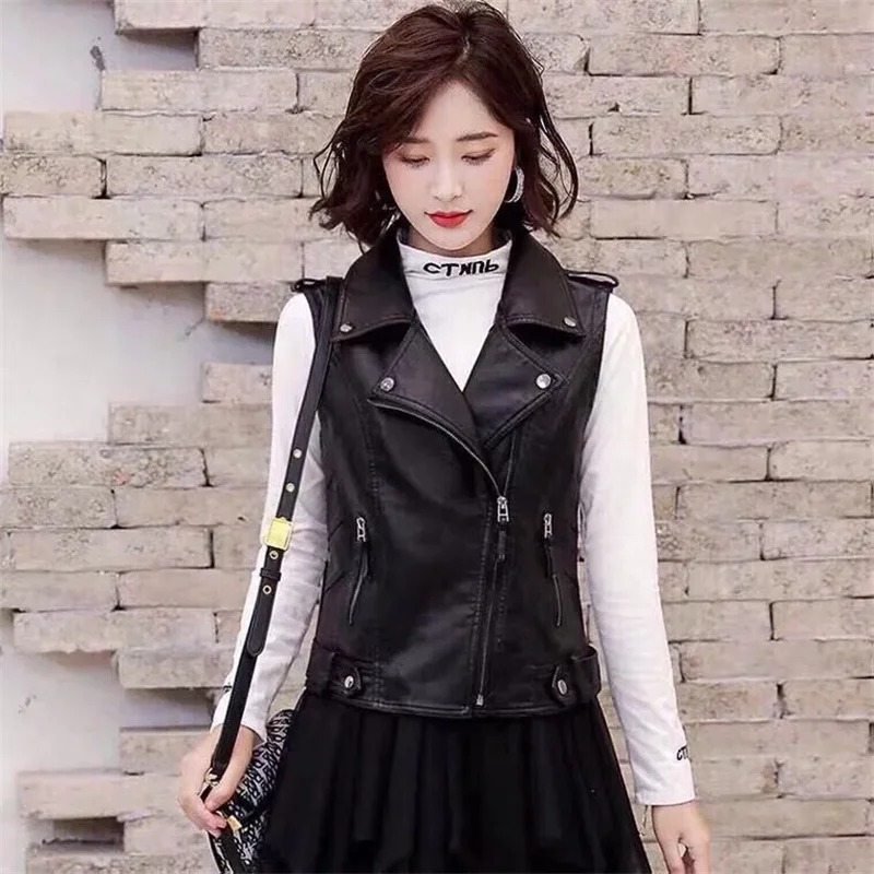 PU Leather Vest Women\'s Sprin Autumn Korean Waistcoat 2024 New Female Leather Coat Ladies Locomotive Suit Sleeveless Jacket 5XL