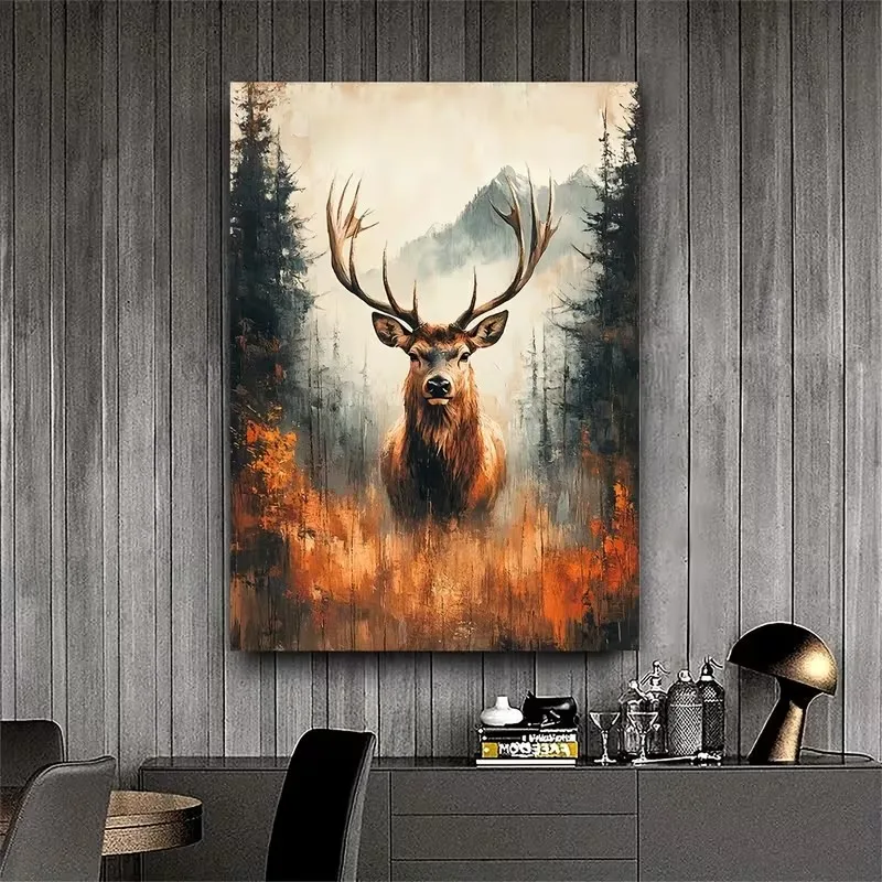Deer in The Misty Autumn Mountain Forest Poster Prints Animal Canvas Painting Wall Art Picture for LivingRoom Home Decor Cuadros