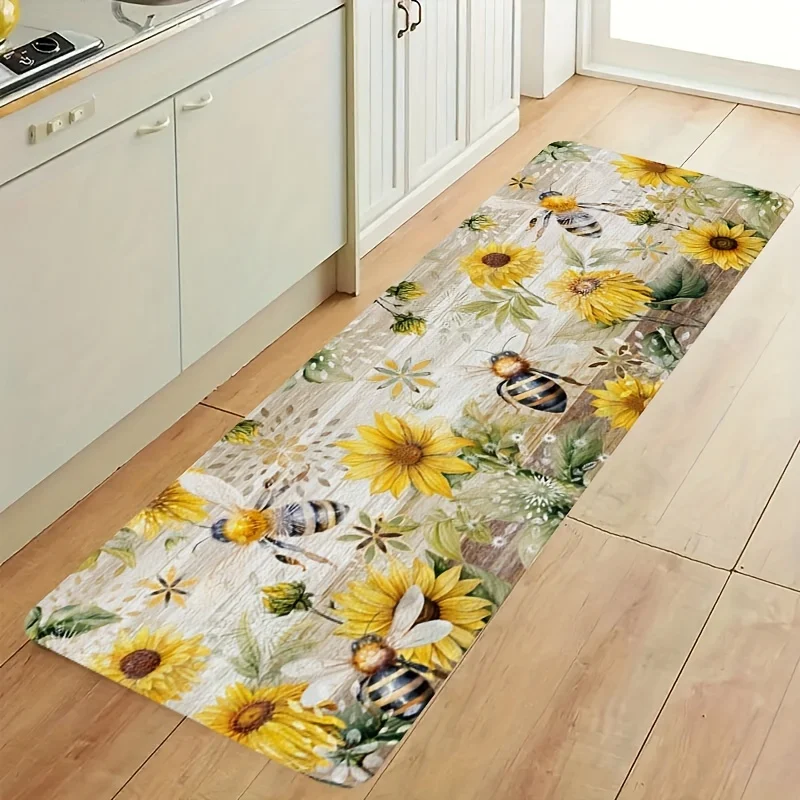 Watercolor Sunflower Bee Long Runner Mat Rustic Wooden Background Floral Insect Print Floor Rug for Farmhouse Kitchen Interior