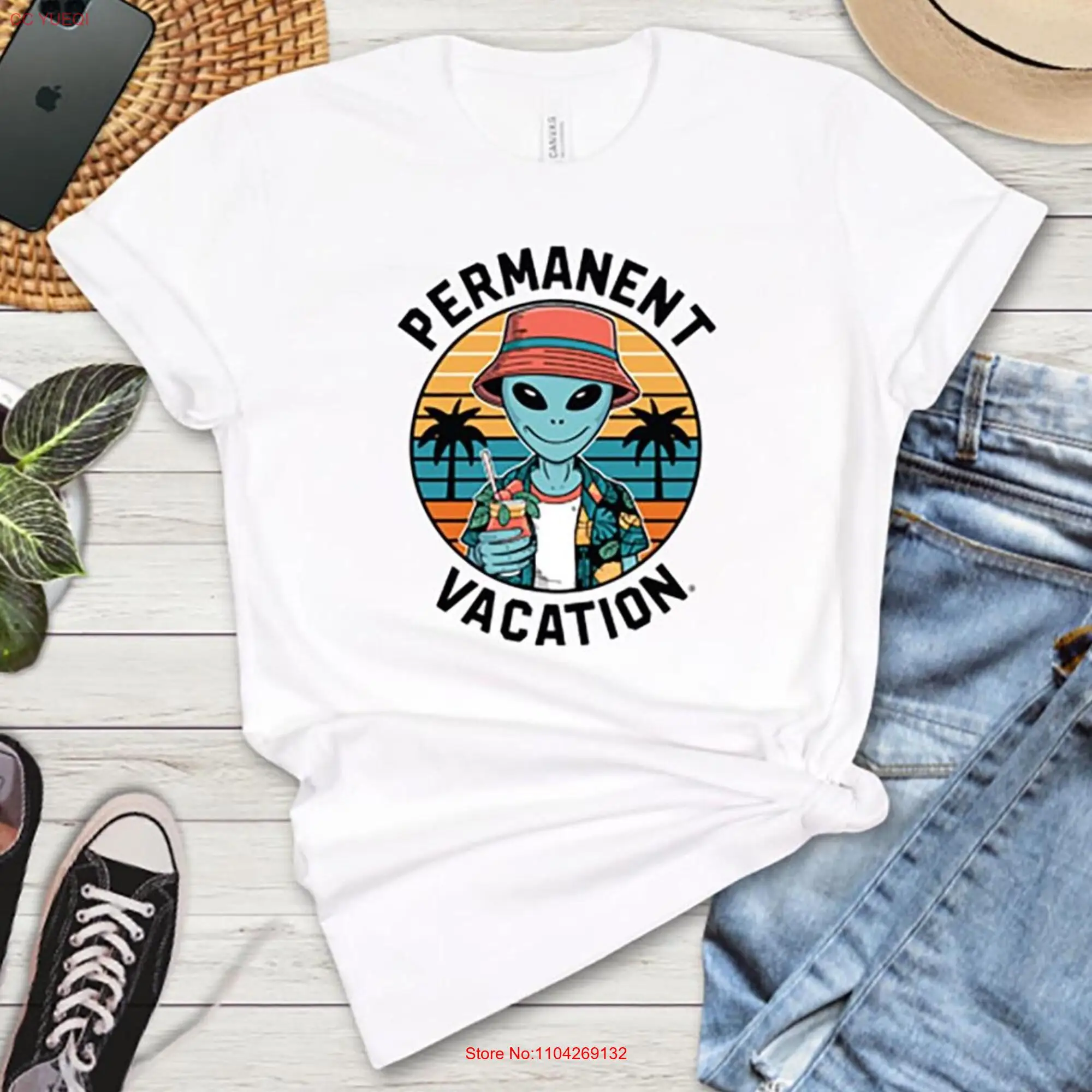 Permanent Vacation Alien T Shirt Funny RetiremenT Drink Humorous Retro long or short sleeves