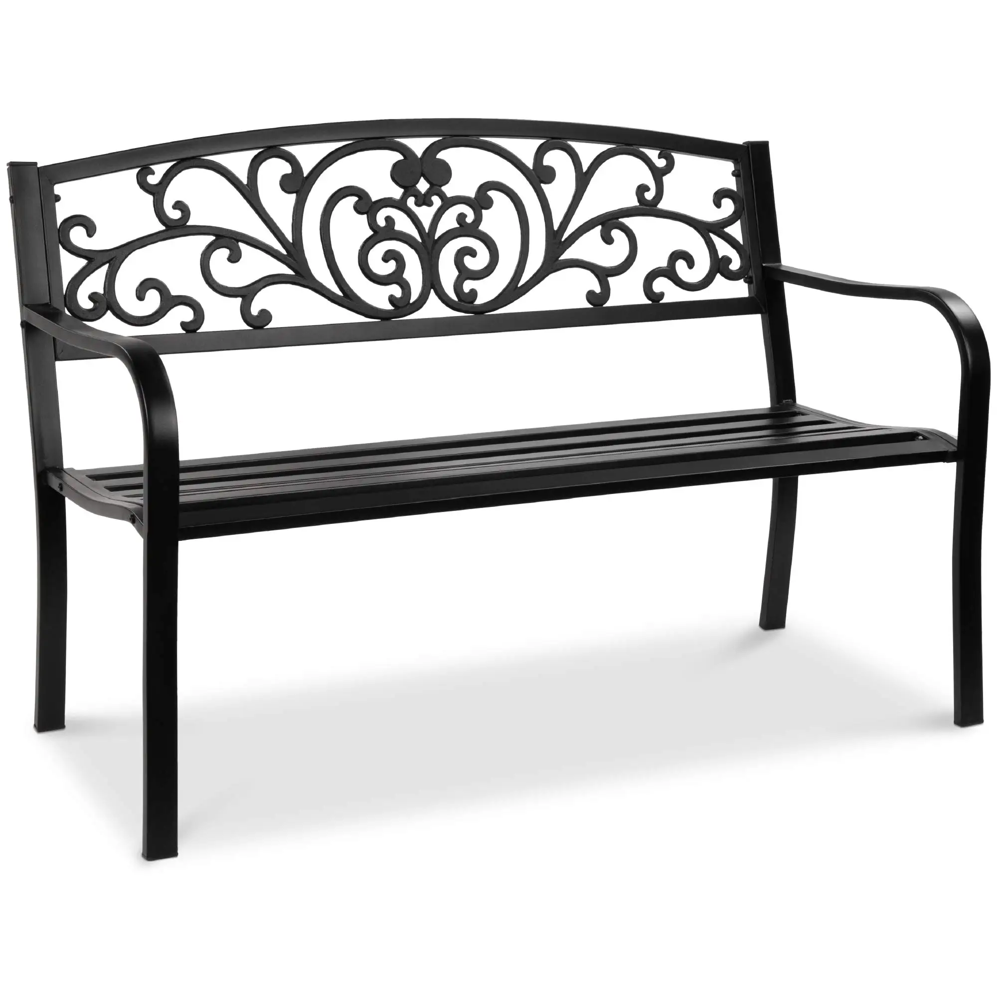 Outdoor Bench Steel Garden Patio Porch Furniture for Lawn, Park, Deck w/Floral Design Backrest, Slatted Seat - Black