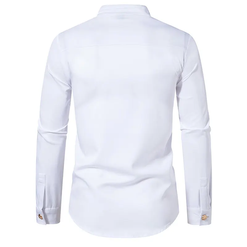 New Long Sleeve Formal Mens Shirt Double Breast Slim Fit Solid Color Mens Wedding Prom Social Tuxedo Dress