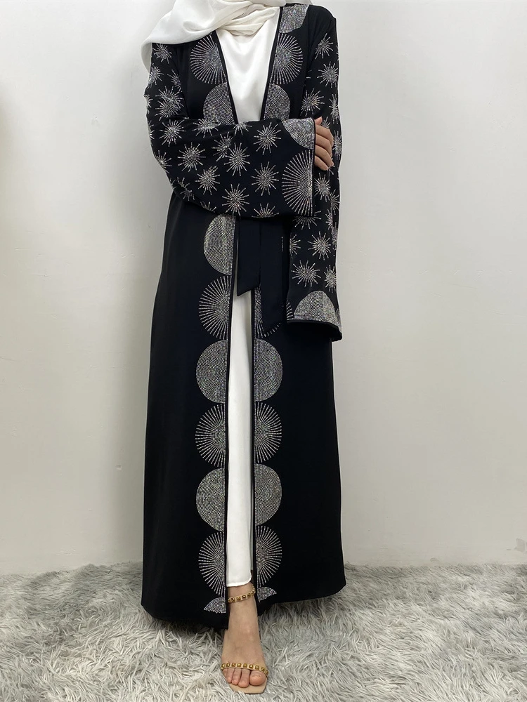 Eid Muslim Party Abaya for Women Ramadan Cardigan Diamond Beading Long Dress Kaftan Vestidos Largos Dubai Robe Jalabiya 2024