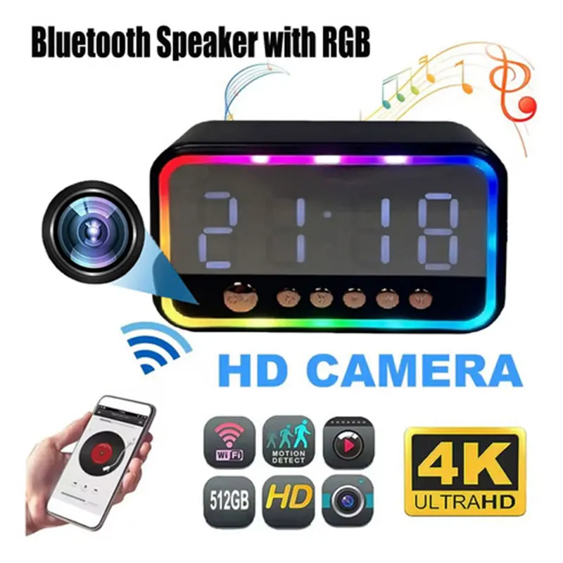 

WiFi6 Wireless Alarm Clock Camera with RGB Colorful Bluetooth Speaker 4K HD Motion Detection Cam Remote View With 32GB SD Card