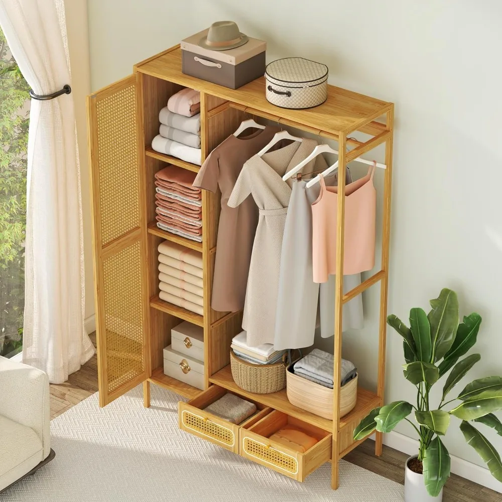 

Bamboo Clothes Rack with Shelves, Freestanding Garment Rack w/Rattan Door, Hanging Rod, Storage Shelf, 2 Drawers,