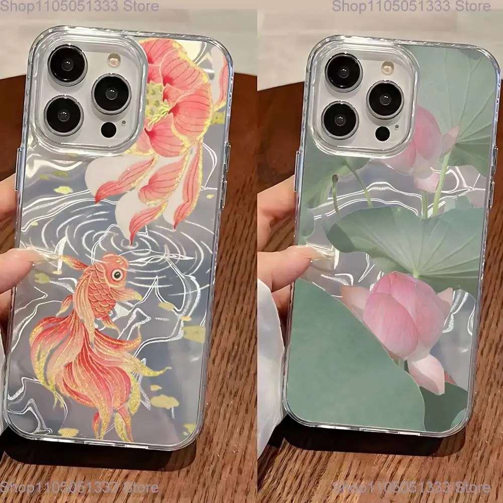 

Peony Lotus Print Design Phone Case For iPhone 11,12,13,14,15,16 Plus,Pro,Max,Plus Transparent Satin Laser Glossy Cover