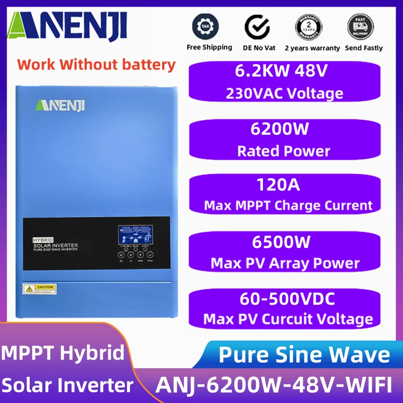 Hybrid Solar Inverter 48V 6.2KW Pure Sine Off Grid 220VAC PV 500VDC On Grid Inverter Built-in 120A Solar Charge Controller