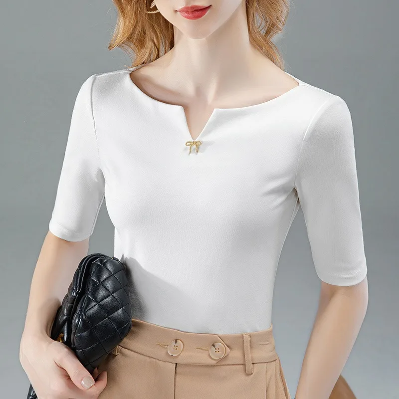 Women's T-shirt Bow Decoration Commuter Solid Color Short Sleeve Girls' Shirt Half-Open Collar Five-Point Sleeve Lady's Soft Top