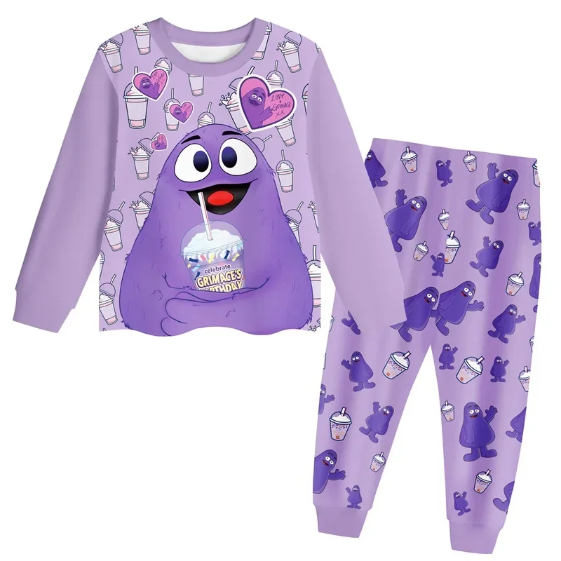 Hot Grimace Shake Printing Kleding Shirt met lange mouwen + broek Kinderhomewear Baby Jongens Meisjes Grimas Pyjama of sportkleding