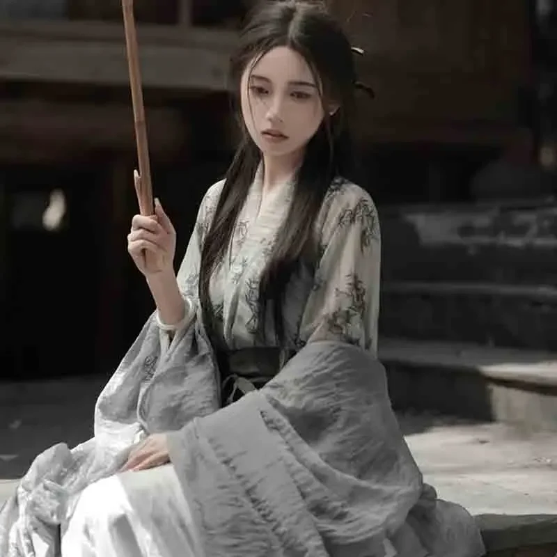 2025 جديد الصينية Hanfu فستان المرأة القديمة التقليدية Hanfu مجموعات كرنفال الجنية تأثيري حلي رمادي الطباعة Hanfu فستان رقص