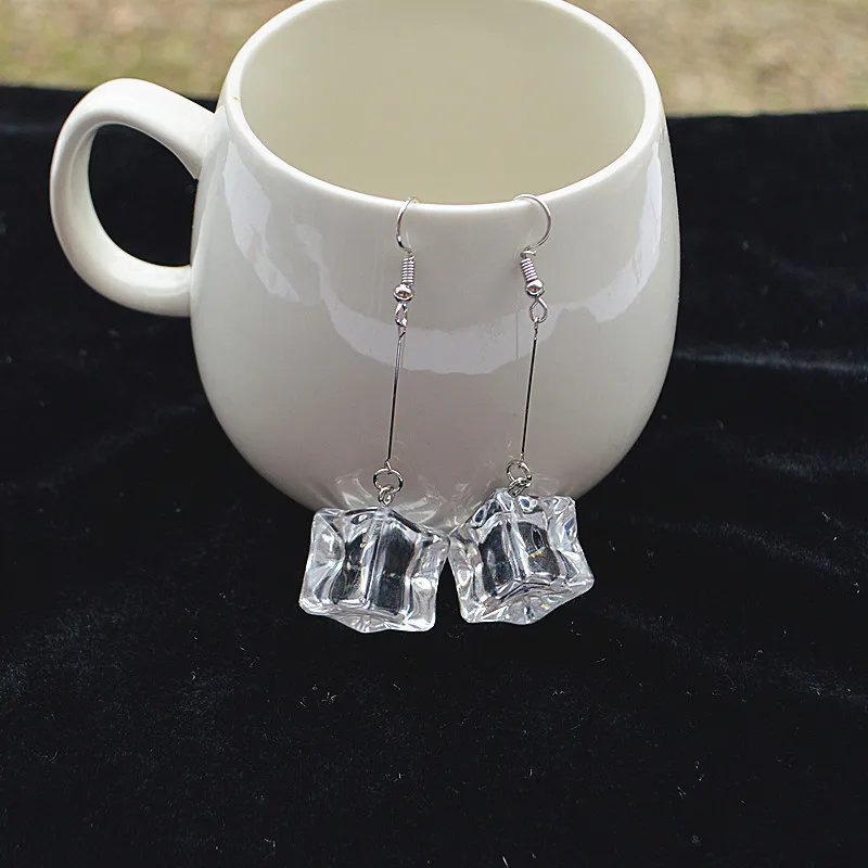 Summer Cool Creative Ice Block Earrings Transparent Three Dimensional Large Ice Block Personalized Long Earrings for Women