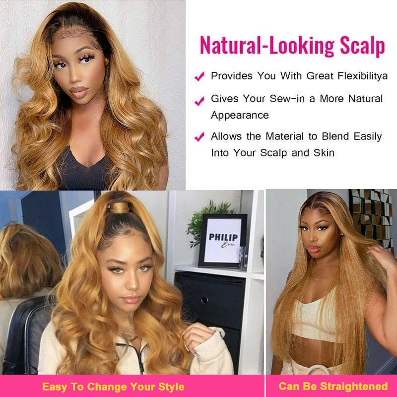 Bundel Gelombang Tubuh Pirang Ombre dengan Penutupan SOKU Bundel Jalinan Rambut Manusia Brasil dengan Ekstensi Rambut Remy 100% Depan