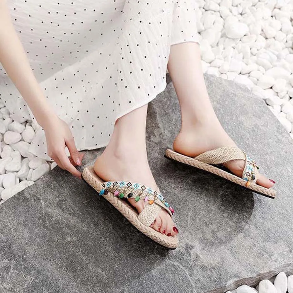

Retro Straw Flip Flops Bohemian Style Tassels Ethnic Style Slippers Imitation Shell TPR Linen Beach Slippers Vacation Travel