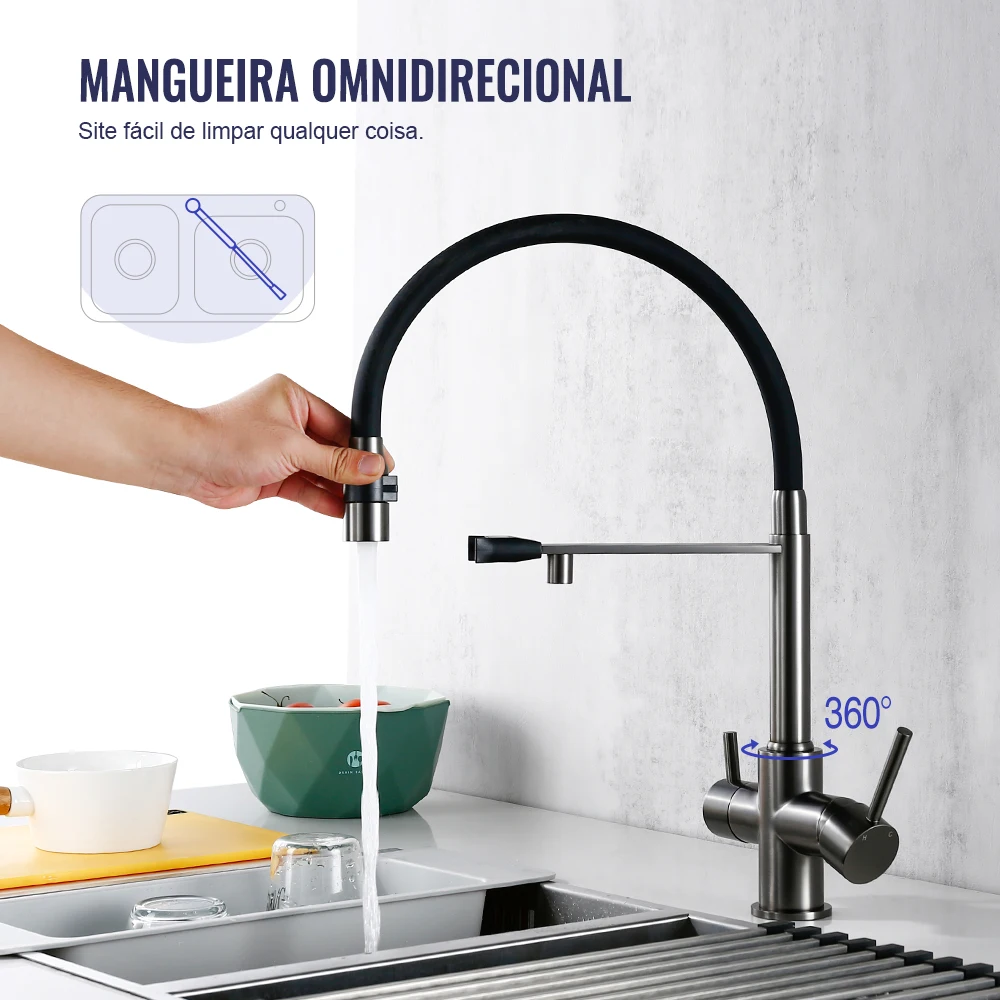 Filtro de grifo de cocina Gunmetal, grifos de agua pura giratorios 360 para cocina de 3 vías, grifo mezclador de agua de purificación extraíble