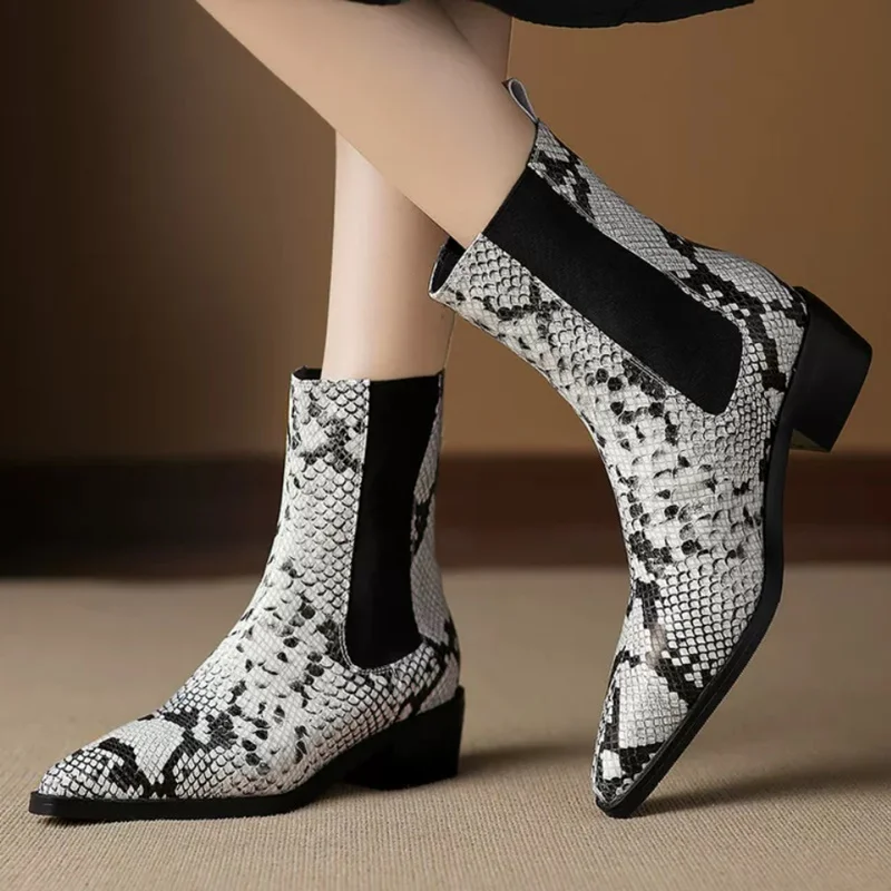 Yellow Snakeskin Leather Chelsea Boots Block Heels Pointed Toe Men Shoes Python Printed High Top Winter Party Club Shoes