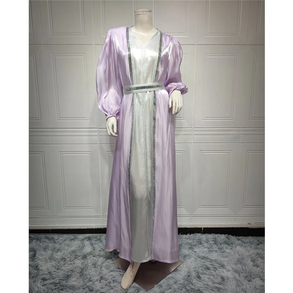 

Eid Mubarak Satin Open Abaya Evening Party Dress Belted Women Muslim Kimono Jalabiya Ramadan Islam Clothing Diamonds Robe Kaftan