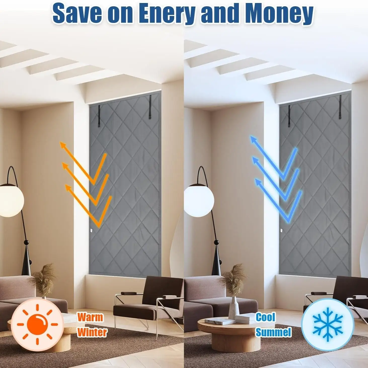 Winter Thermal Insulated Window Cover with Hook & Loop Tape, Windproof Freeze-Proof Window Blanket Door Curtain for Home