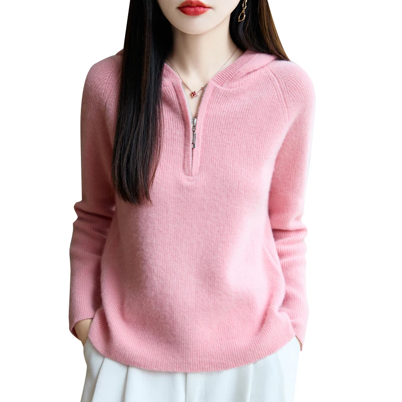 

Zippered Long Sleeve Knitwear High Quality Sweater Autumn And Winter 100% Merino Wool Soft Warm Female Jumper Tops