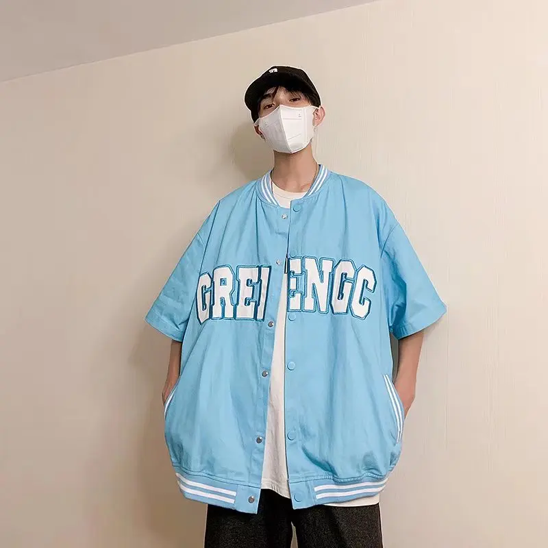 Baseball Jackets Men Loose Spring Summer Half Sleeve Handsome Sporty Letter Youthful Vitality Streetwear Harajuku Ins Teenagers