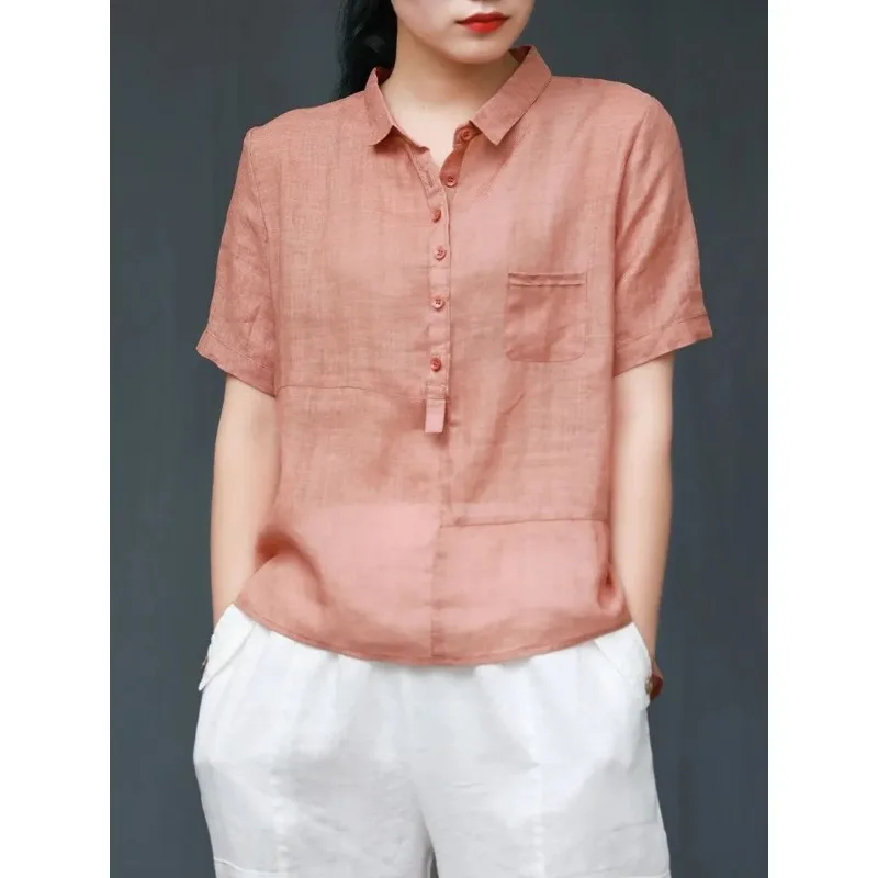 

Women's Pink Linen Blend Henley Shirt Short Sleeve Lapel Button Down Casual Blouse with Pocket
