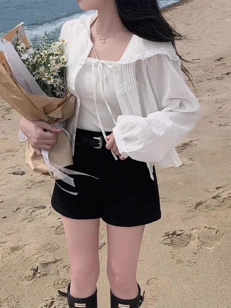 

Милая кружевная шляпа с защитой от солнца Верхняя одежда Женская летняя новая возрастная верхняя одежда с поясом в Корейском стиле Свободная посадка Длинная ...