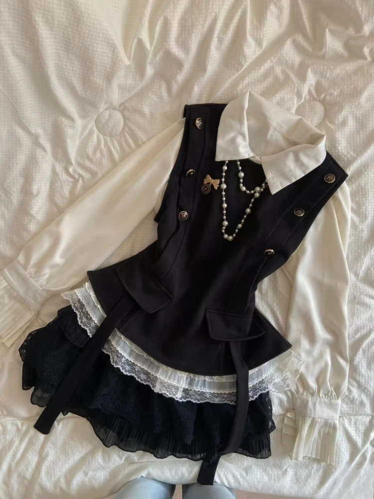 

Women's Preppy Style Slim Gothic Long Sleeve 3-piece Set Korean Style Fashion Patchwork High-waist Cake Short Skirt Outfits