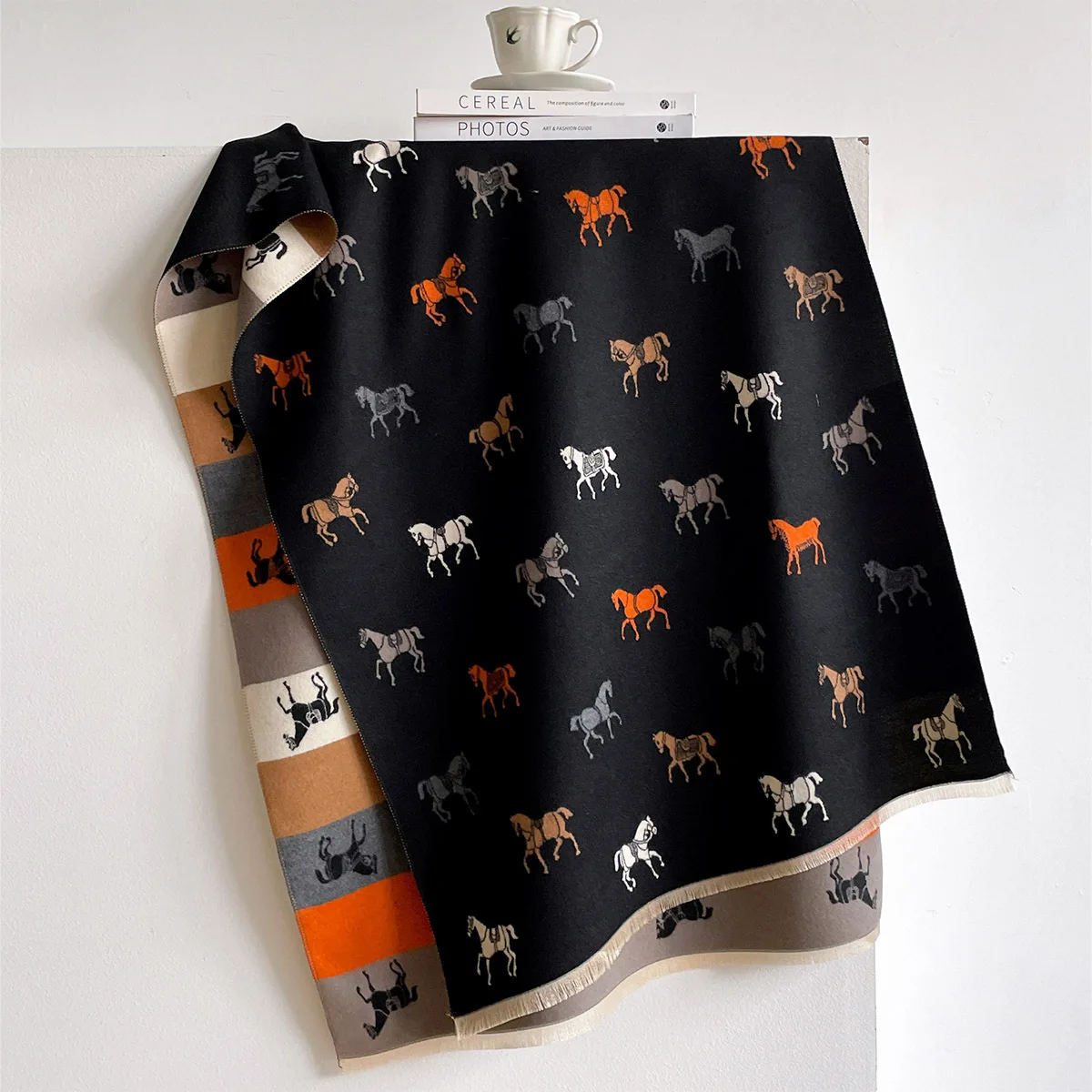 Reversible Cashmere Feel Scarf For Women Multicolor Horse Print Cream Base Thick Warm Fringed Shawl Wrap Versatile Autumn Winter